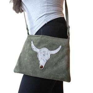 Olive Green Suede Crossbody Bag with Bull Patch